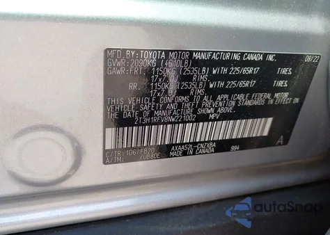 2022 Toyota Rav4 Le из США, поврежденный, VIN 2T3H1RFV8NW221002